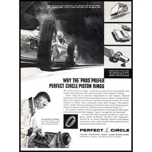 1961 Perfect Circle Piston Rings Vintage Print Ad Open Wheel Race Car Wall Art